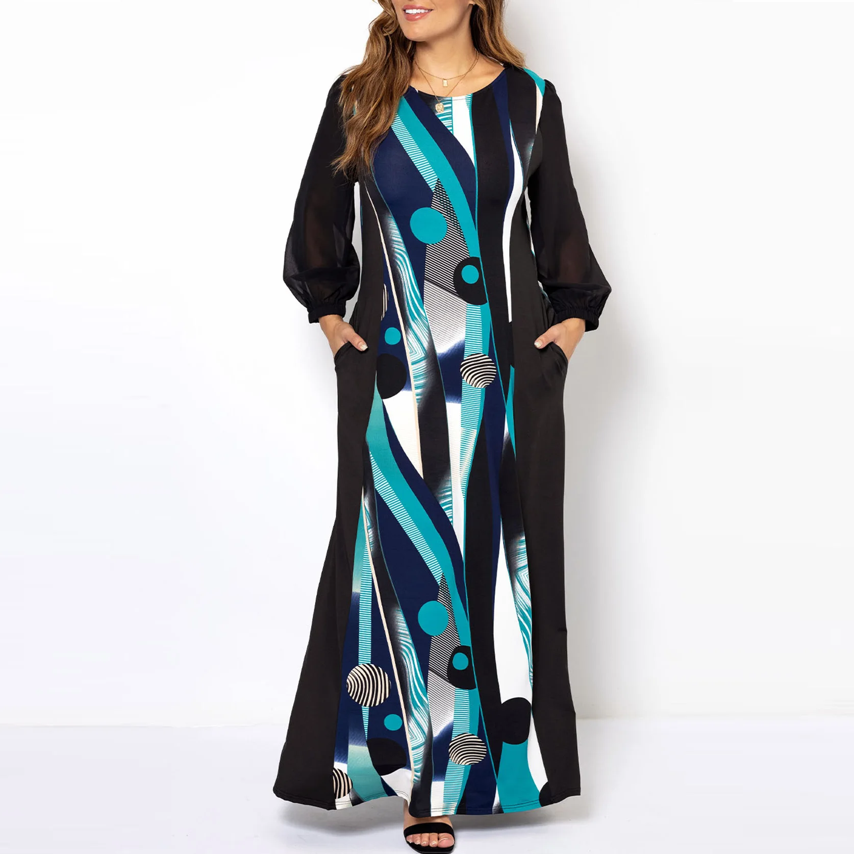 

Plus Size Maxi Dress 2021 Autumn Printing Round Neck Double Side Pockets Ladies Long Dress Large Size Casual Party Dresses