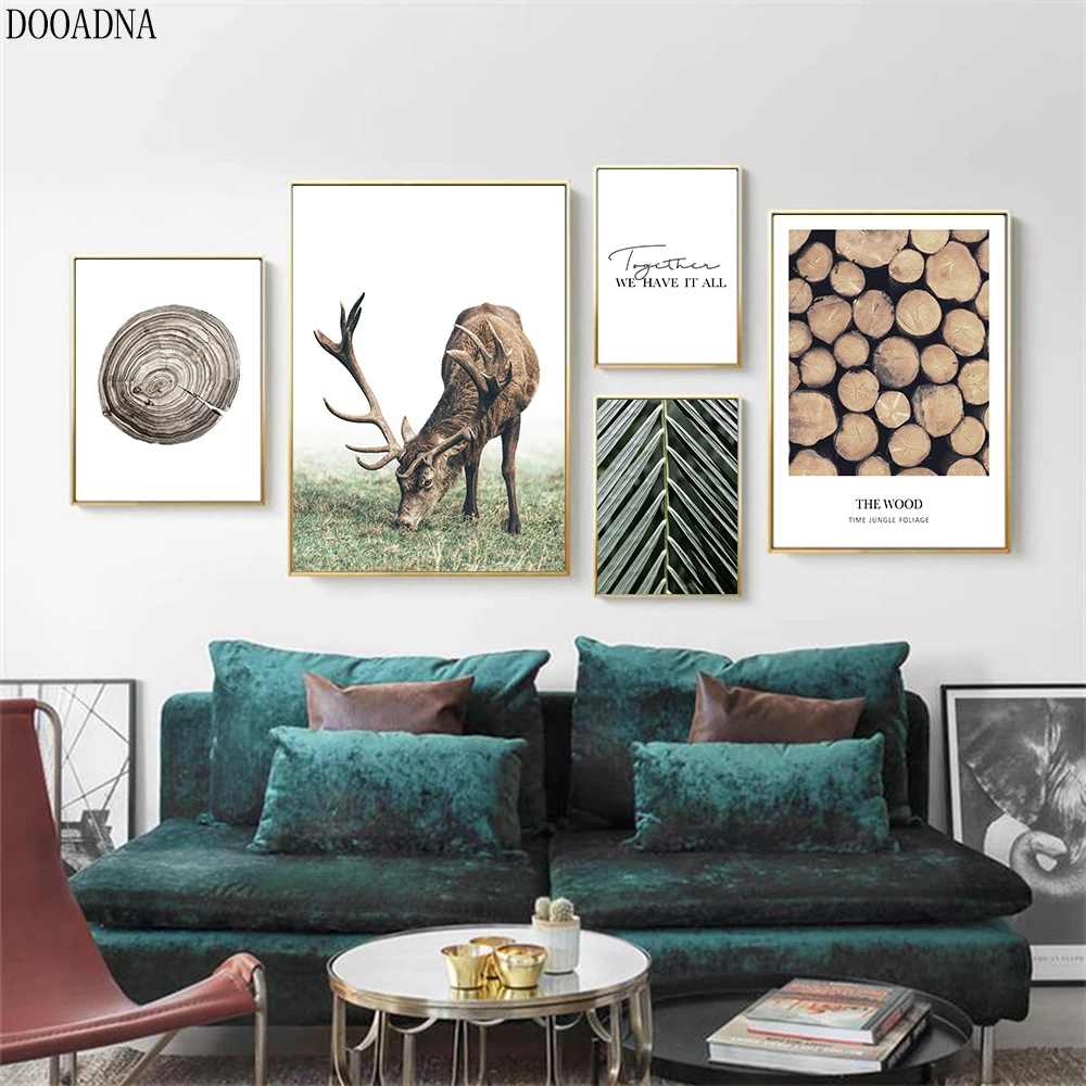 

Green plant leaf image modern wild animal deer fresh poster wall painting oil painting canvas Nordic home simple decoration