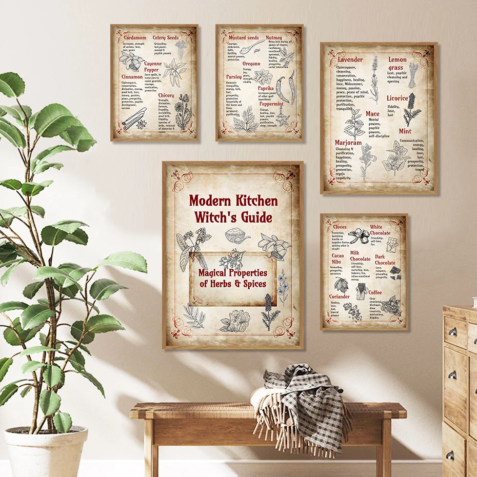 

Kitchen Witch's Guide Herbs Spices Magical Vintage Poster Canvas Painting Wall Art Print Picture Dining Room Interior Home Decor