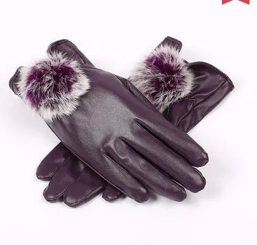

HOT RECOMMEND Outdoor cycling Leather gloves ms autumn winter warm gloves lovely rabbit hair ball Add wool upset