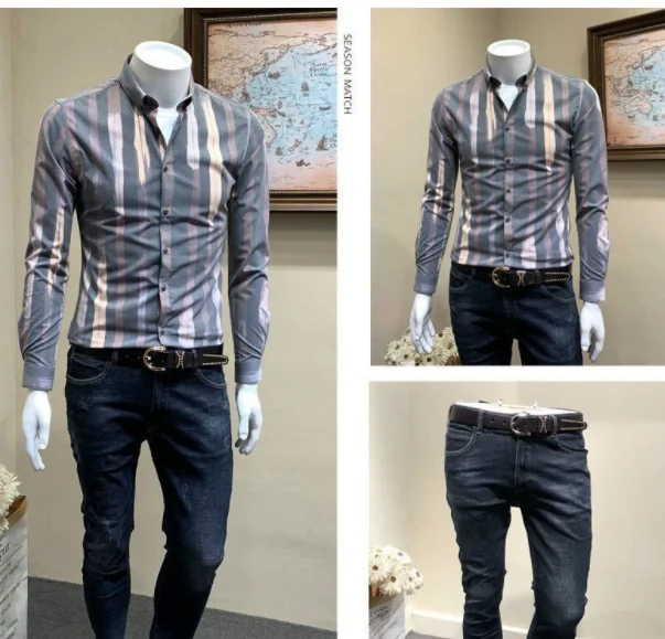 

Long sleeve shirt men's new autumn Korean slim striped shirt men's hair stylist inch shirt clothes