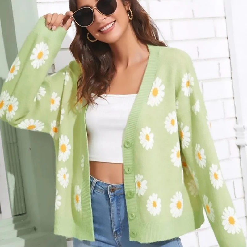 

Sweet Button Down Sweaters Cardigan Women Loose Knit Coat Autumn Spring Casual Lady Long Sleeve V Neck Floral Outerwear Sweater