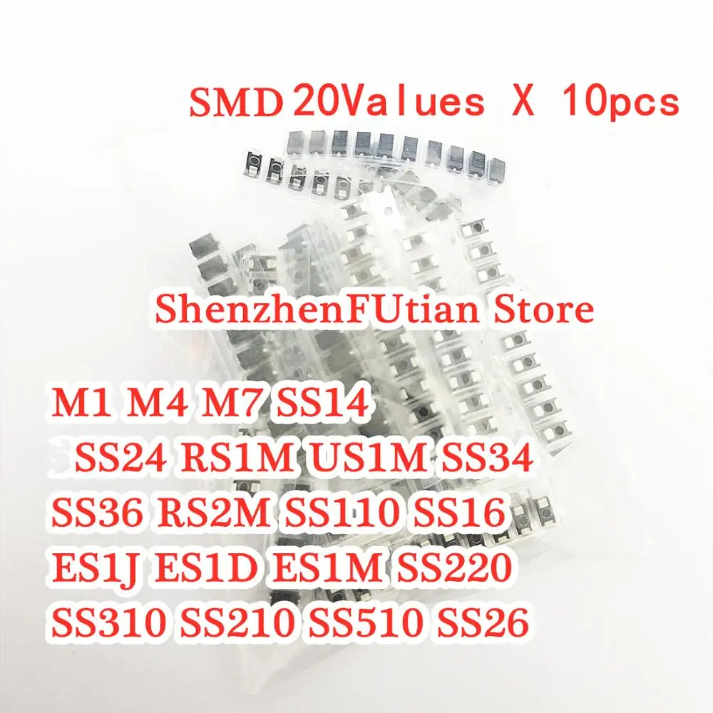200 шт. 20 значений * 10 шт. SMD (M1 M4 M7 SS14 SS24 RS1M US1M SS34 SS36 RS2M SS110 SS16 ES1J ES1D ES1M SS220 SS310 SS210 SS510 SS26)
