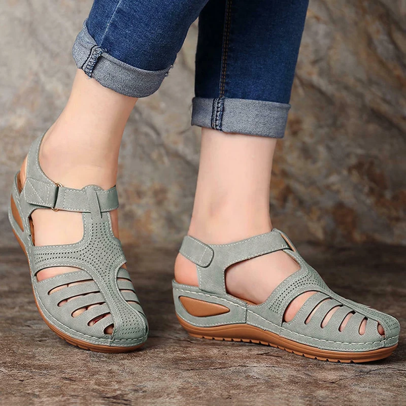 Summer Women Sandals Hollow Out Wedges Platform Heels Buckle Casual Sandalias Retro Rome Hook Loop Embroidery Sewing Cool Shoes