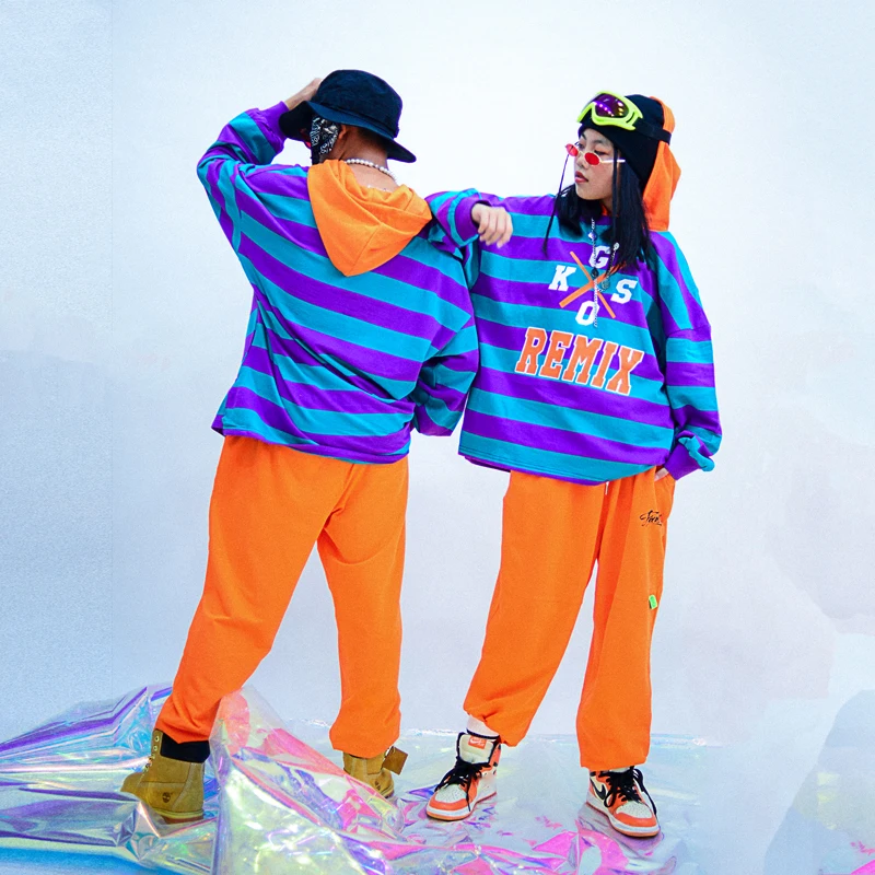 

Новинка, детская одежда в стиле хип-хоп, полосатая толстовка, топ, штаны в стиле хип-хоп для девочек, костюм для джазовых танцев, одежда для ма...