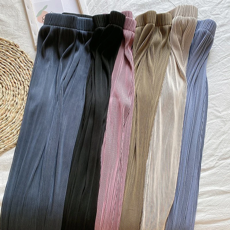 

Womens Summer Pleated Casual Ankle Pants Korean-Style High Waist Metallic Draping Female Wide Legged Trousers