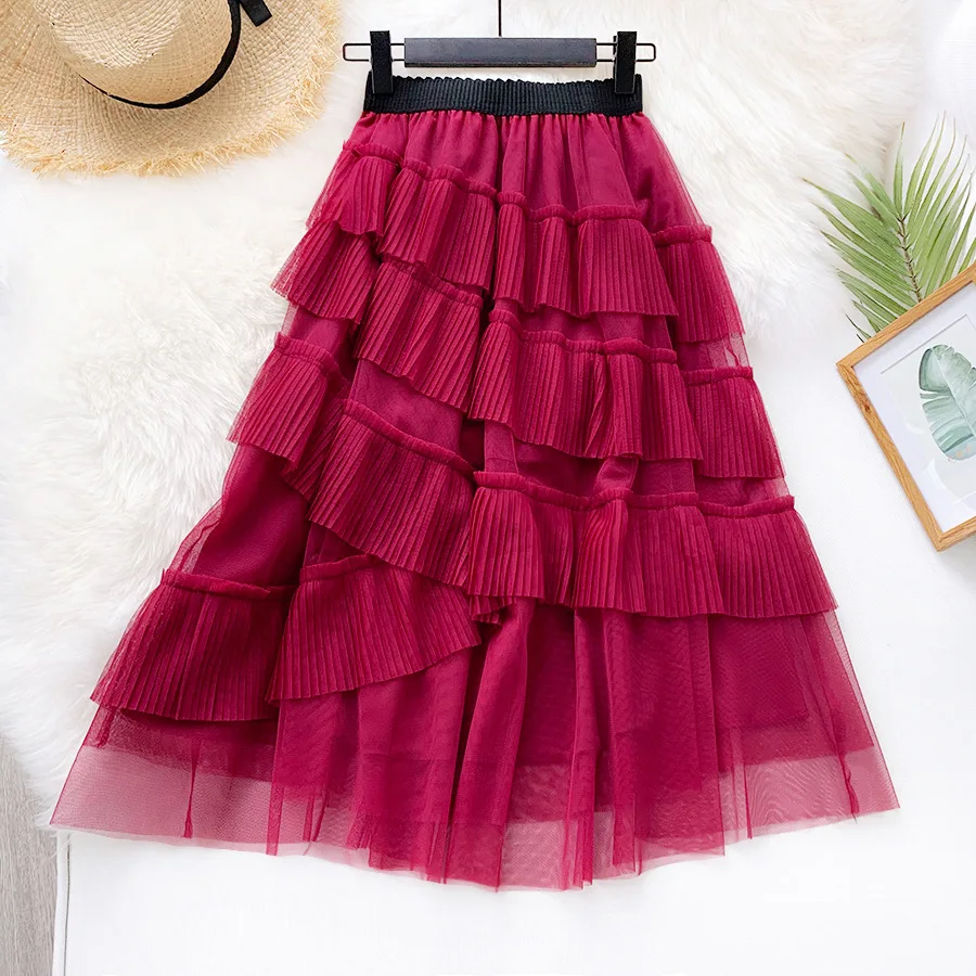 Женская длинная Плиссированная фатиновая юбка HLBCBG белая черная синяя школьная