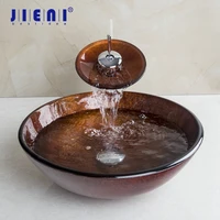 JIENI Hot Melt Design Round Tempered Glass Vessel Sink With Waterfall Faucet Set With Pop up Drain Bathroom Basin Mixer Tap