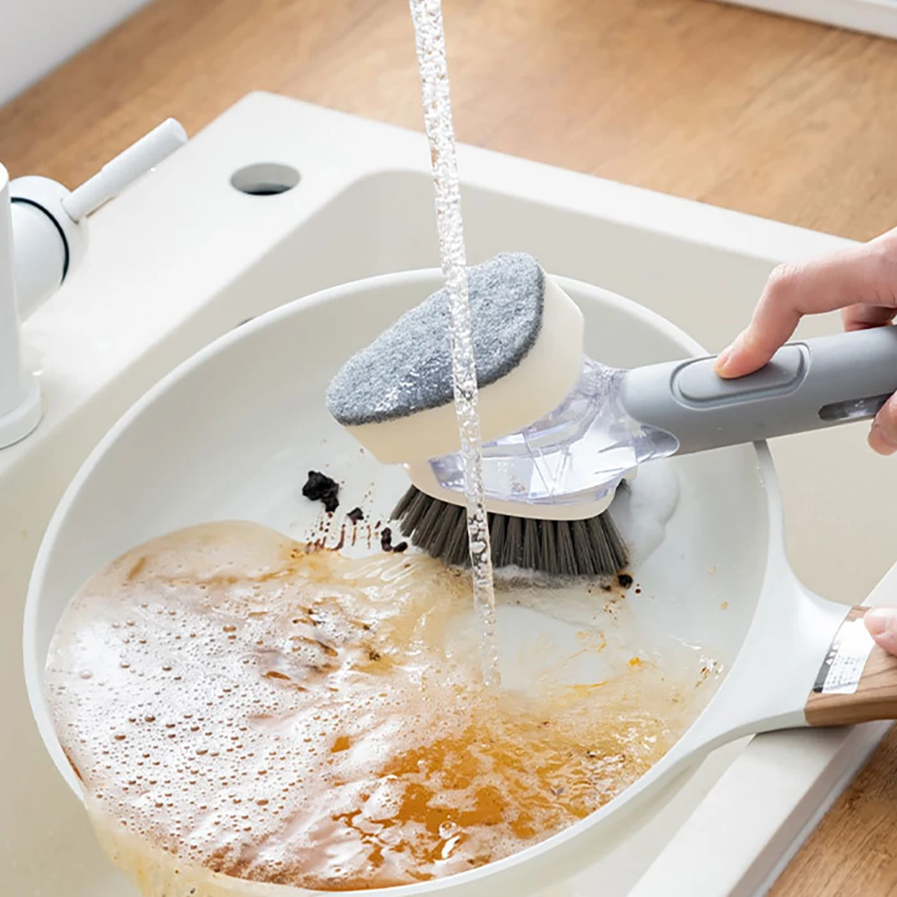 

New Double Use Kitchen Cleaning Brush Scrubber Dish Bowl Washing Sponge Automatic Liquid Dispenser Kitchen Pot Cleaner Tool