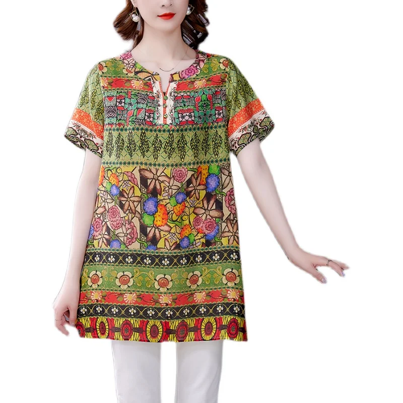 

COIGARSAM 4XL Plus Size Fashion blouse women Summer Vintage Short Sleeve Print Loose blusas womens tops and blouses 1596