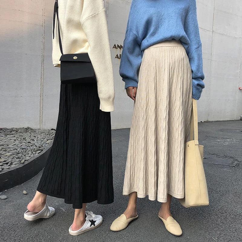 2019 зимняя женская трикотажная миди юбка в Корейском стиле однотонная Теплая с