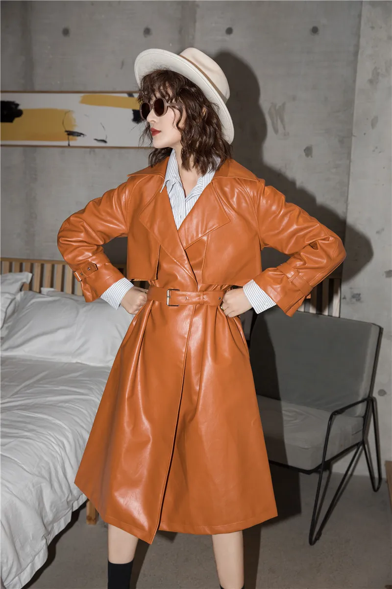 

2020 Autumn Winter New Handsome Slim Long Leather Jacket Long Amber Yellow Women Elegant PU Leather Trench Coat