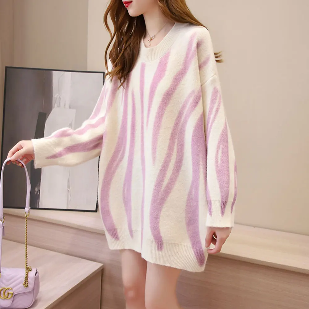 

Women Spring Autumn Sweater Pullovers Crew Collar Loose Causal Stripe Top Streetwear Vintage Long Sleeve Warm Female Jumper