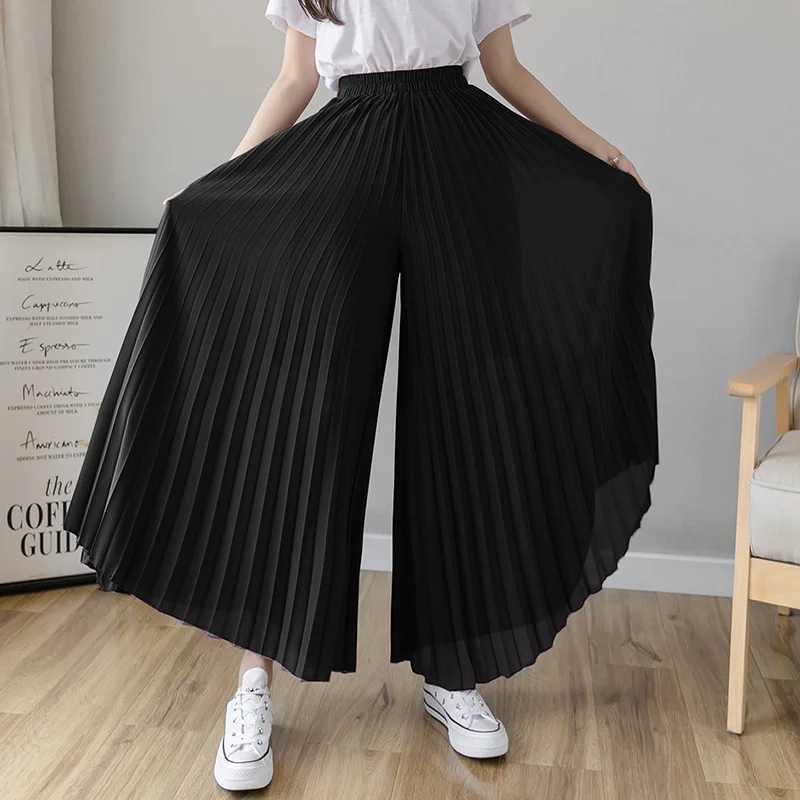

2021 Women Summer Autumn Pleated Loose Pants Fashion Female Chiffon Elastic Waist Skirt Pants Black Blue Wide Leg Pants Femme