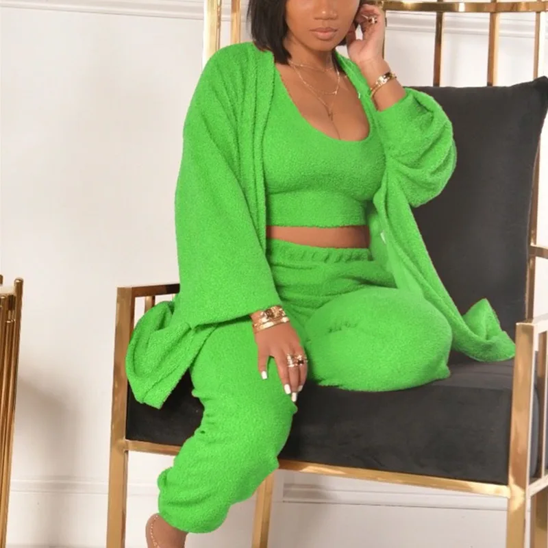 

Casual Women Tracksuits Matching Set Crop Top Long Pants +loose Cardigan 3 Pieces Set High Street Outdoor Wear