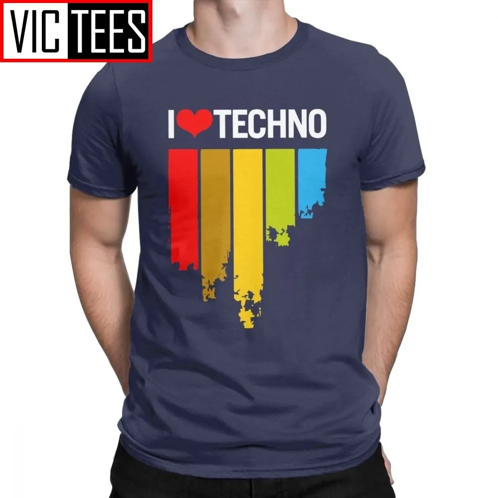 I Love Techno Music Audio T-Shirts Men Novelty Cotton Tees Round Neck Short Sleeve T Shirts Birthday Gift Tops