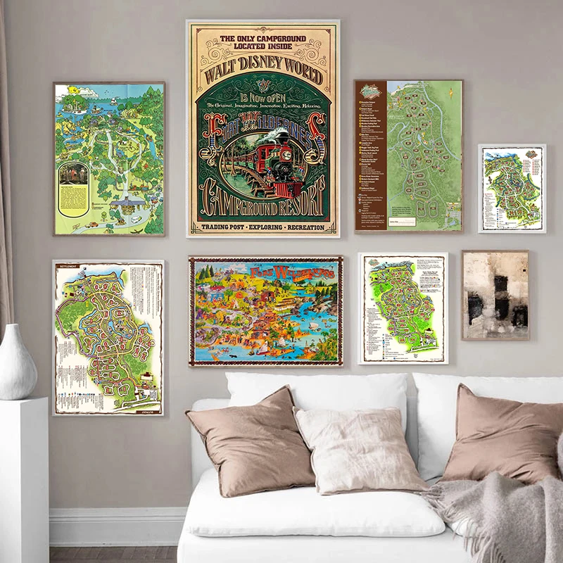 

Vintage Fort Wilderness Map Canvas Painting Wall Art Walt Disney World Campground Map Sign Poster Prints For Home Decor Cuadros