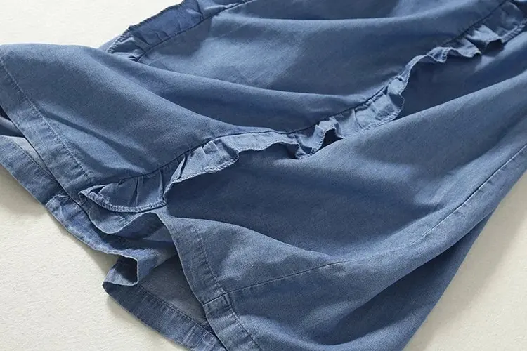 

Women's Summer Lace Up Denim Ruffle Shirts Dress Vintage High Waist Sleeveless Mini Jean Dress Sexy Ladies Party Dresses