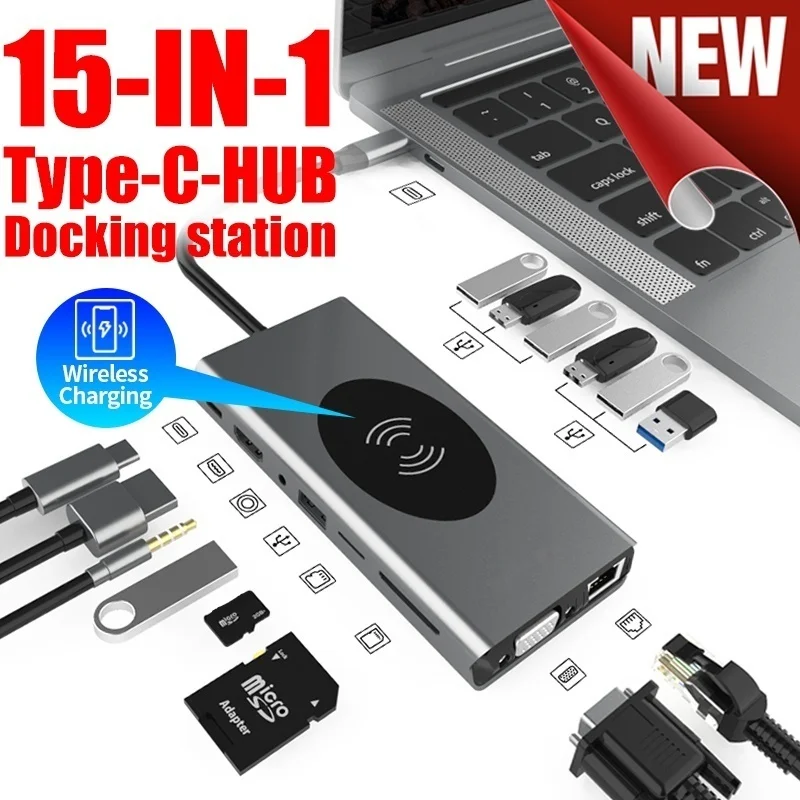 

15 in 1 USB Type-C Adapter With RJ45 Wireless Charge SD Card Reader USB 3.0 Type C Hub For Macbook Pro Laptop Accessories