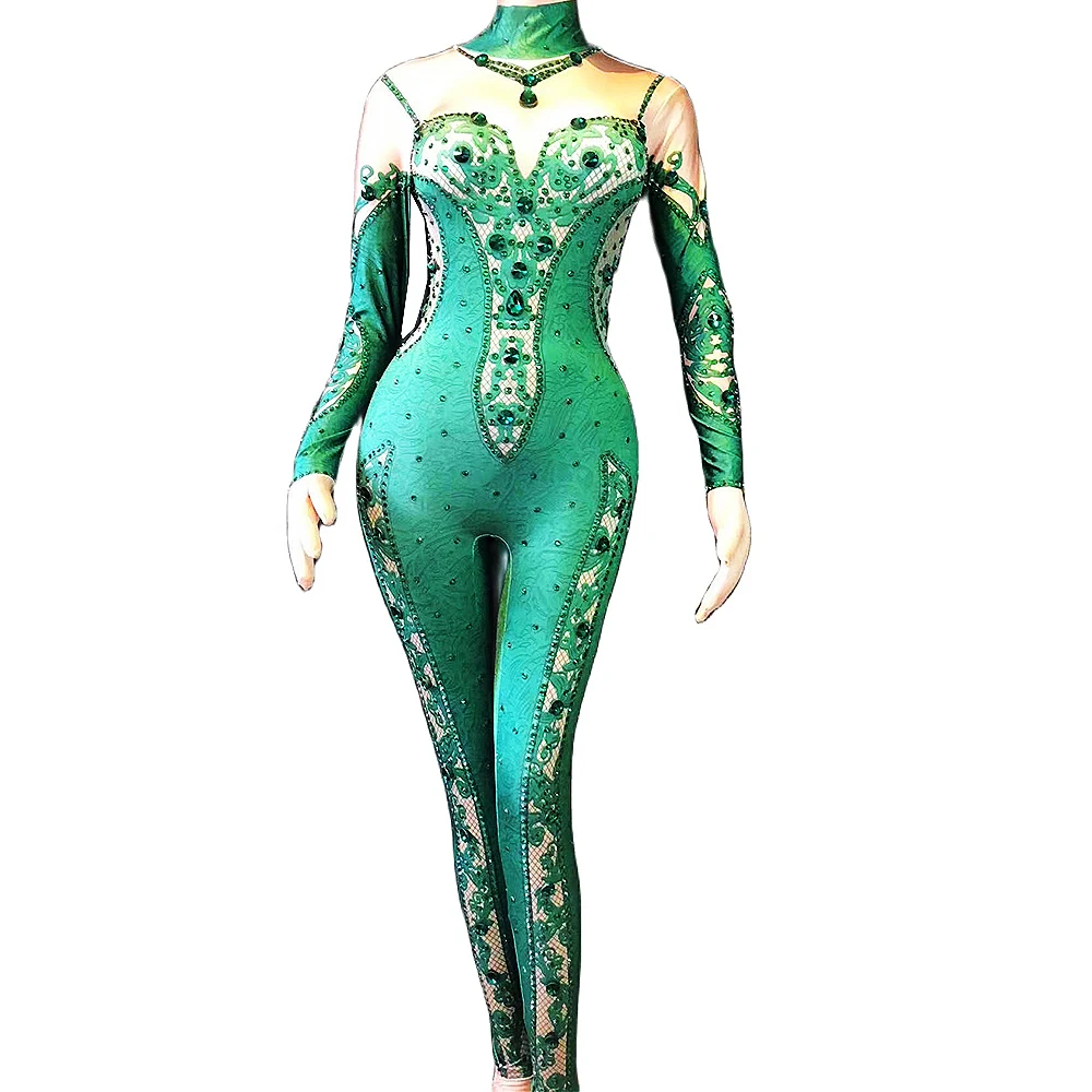 

Shining Diamonds Green Print Women Jumpsuits Nightclub Singer Dance Performance Costumes Long Sleeve Skinny Stretch Bodysuits