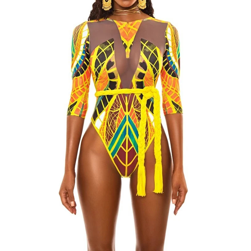 Новинка 2020 Цельный купальник в стиле ретро с сетчатым принтом и пэчворком