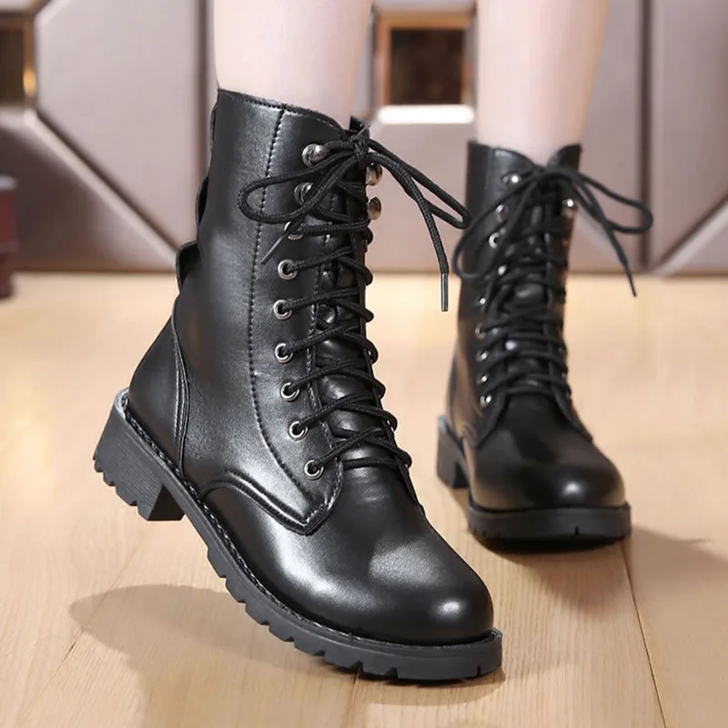 

British Style Motorcycle Boots Women's Ankle Boots Winter Shoes For Women Winter Boots Black Lace Female Booties Plus Size 42