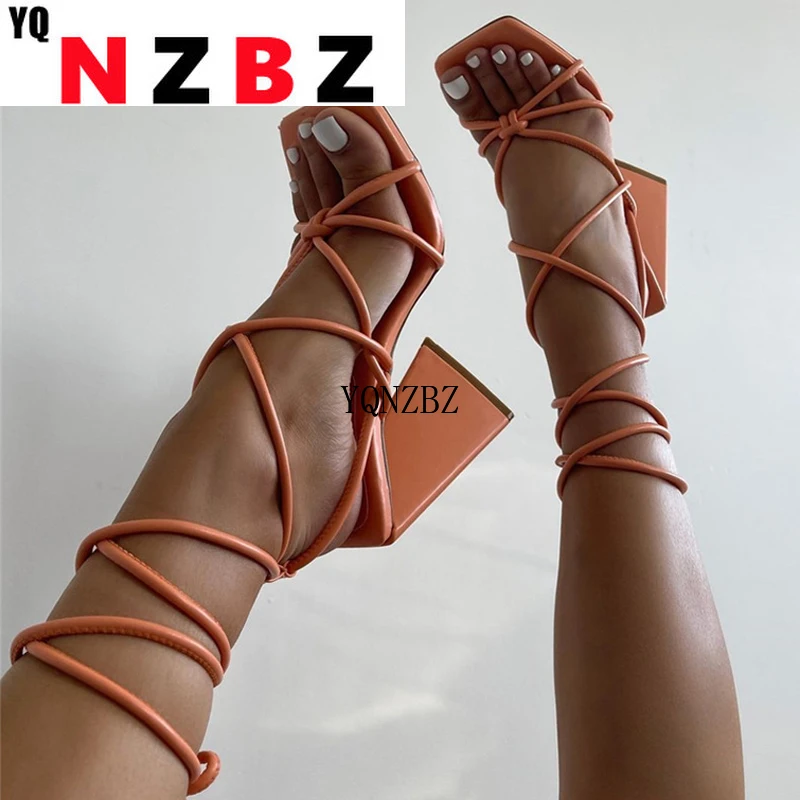 

YQNZBZ Summer Women's Sandals High Heels Fashion Solid Color Strap Party Shoes Square Head Lace-Up Style shoes Plus Size 35-42