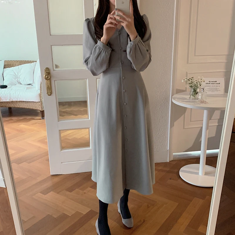 

ZAWAHIKI Slim Waist Drawstring Single Breasted Women's Dress 2021 Spring V-neck Lantern-sleeve High Waist Elegant Femme Robe
