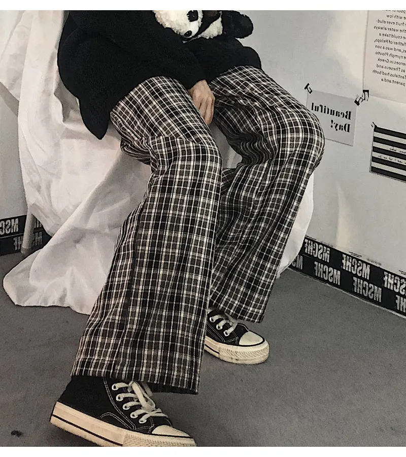 

Women's pants Korean Japanese retro Plaid pants Female high waist Casual Straight trousers Hip-hop All-match Unisex Streetwear