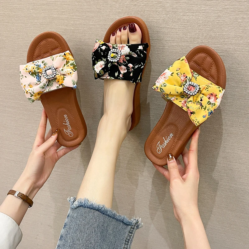 

Butterfly-Knot Flat Shoes Female Slippers Soft Slipers Women Low Slides Comfort 2021 Summer Fabric Butterfly-knot Rubber PU
