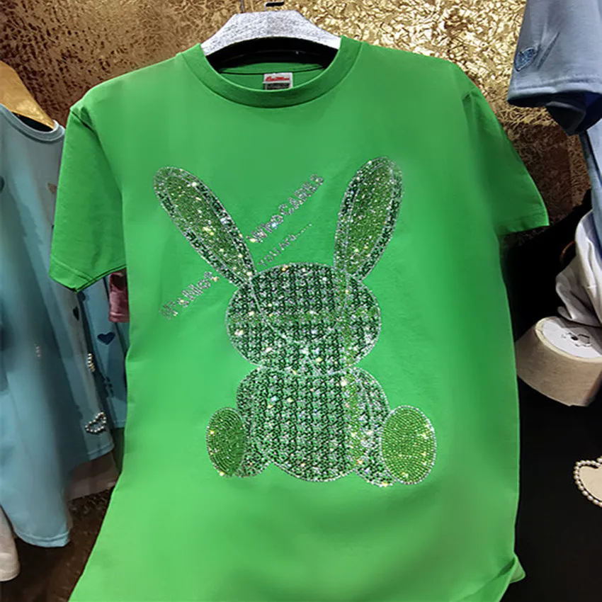 Летняя хлопковая Футболка Стразы с кристаллами женские свободные футболки из