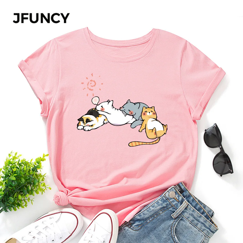 JFUNCY  Women Cotton Tshirt Sleeping Cat Graphic Print Loose Tees Shirt Short Sleeve Woman T-shirt Summer Female Top