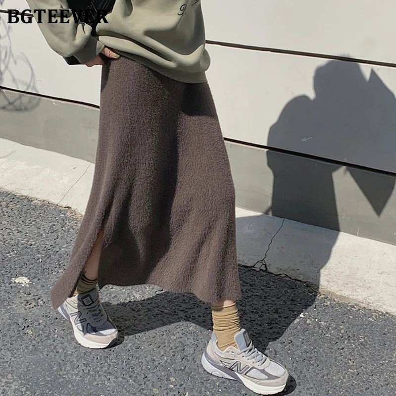 

BGTEEVER Casual Loose Thicken Knitted Women Skirts Autumn Winter Elastic Waist Side Split Ladies Sweater Skirts 2021
