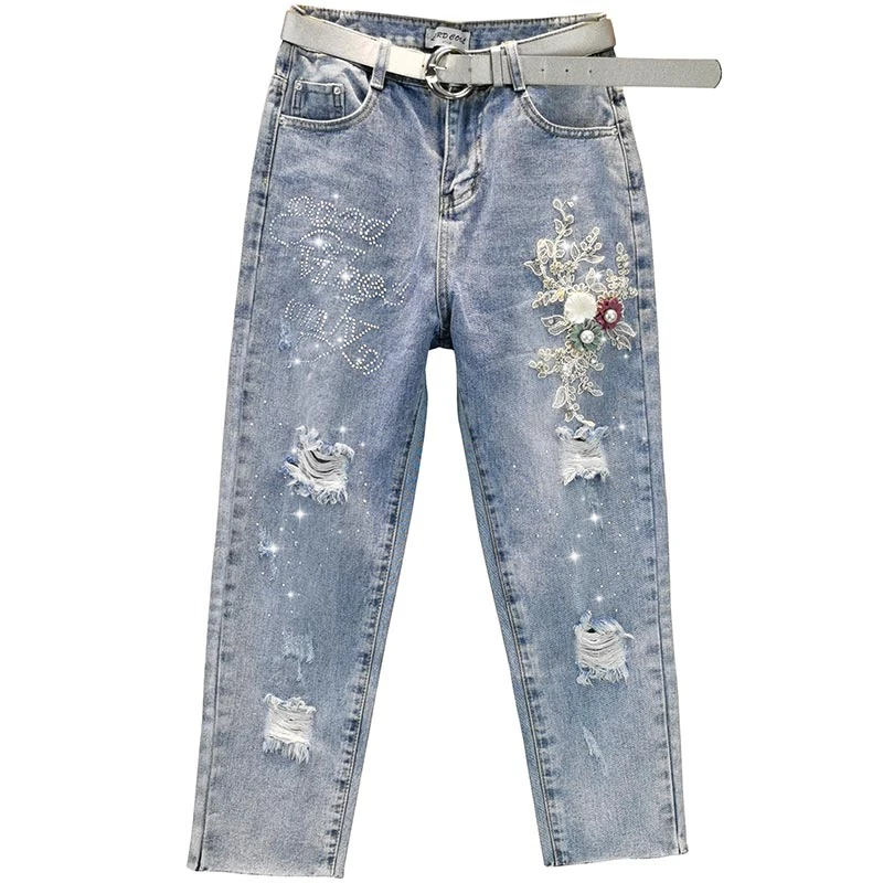 

2021 Spring Ripped Blue Denim Trousers Floral Embroidery Fashion Girls Diamonds Letters Ankle Length Cross Pants Women Jeans