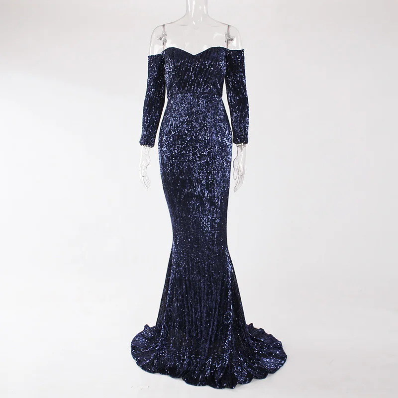 Navy Blue Платье макси с длинными рукавами, расшитое блестками, растягивающееся, с открытыми плечами, с вырезом-лодочкой, вечернее платье, платье темно-синего, зеленого, шампанского, золотого цвета - Цвет: Navy Blue