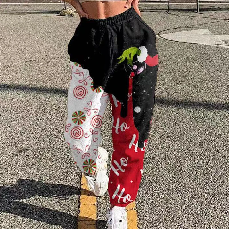 

2021 Women Fashion High Street Pocket Sweatpants Christmas Elk Snowflake Print Trousers Simple New Solid Jogger Long Pants Mujer