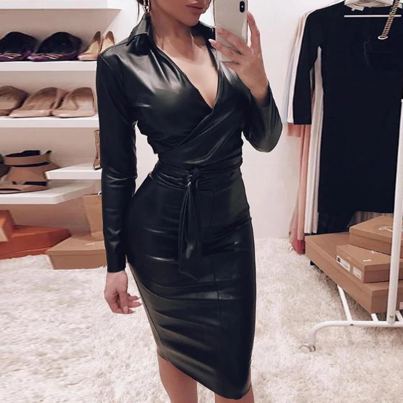 

Женское модное популярное яркое платье из искусственной кожи, весеннее элегантное вечернее платье с V-образным вырезом и сумочкой на бедрах...