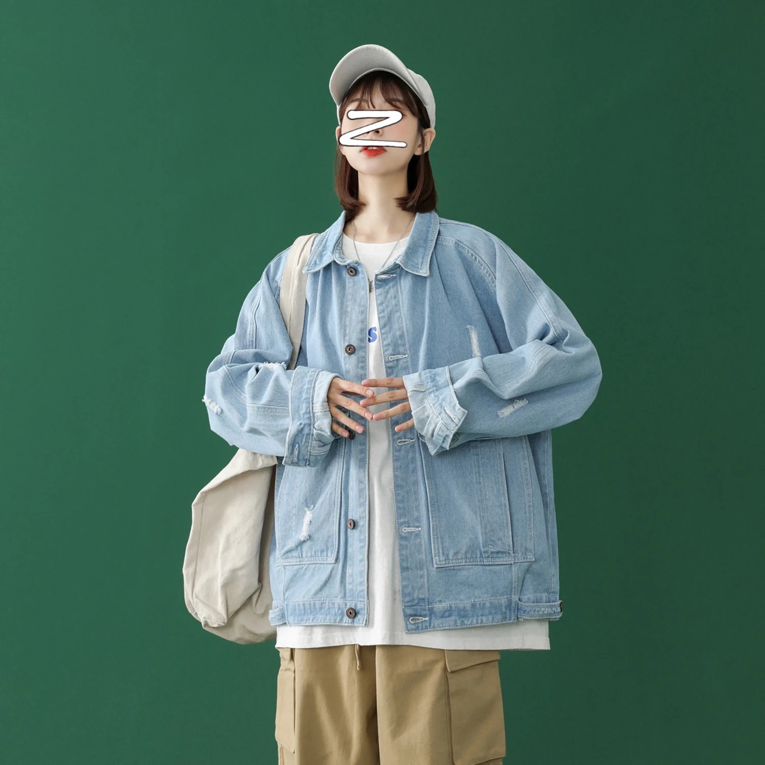 Женская джинсовая куртка с большими карманами Повседневная Свободная синяя