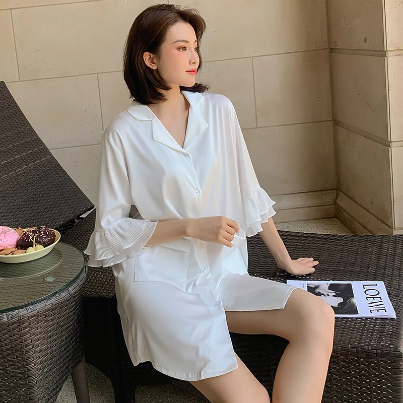 

Summer NEW Short Sleepshirt Women Nightgown Casual Loose Nightdress Satin Sexy Nightwear Homewear White Ruffle Sleeve Homewear