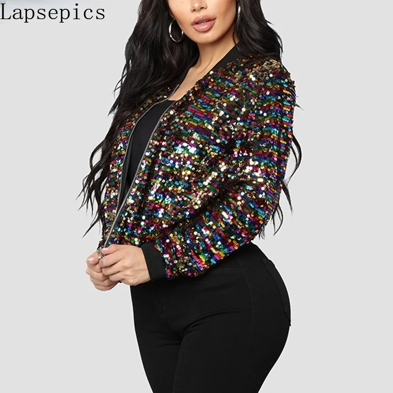 

Fashion Women Jacket Long Sleeve Slim Zipper Up Sequin Jacket