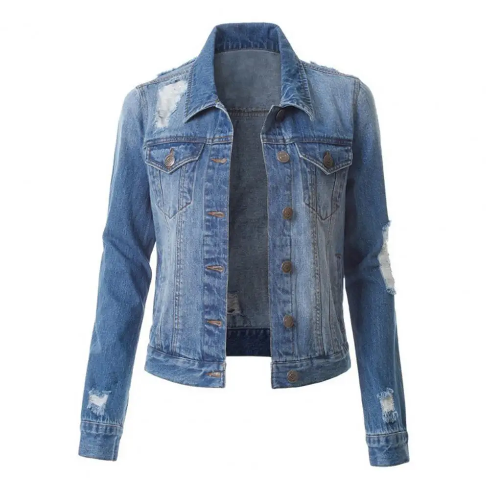

Women's Ripped Denim Coat Solid Harajuku Autumn Winter Jacket Washed Single Breasted Lapel Jeans Jacket Streetwear