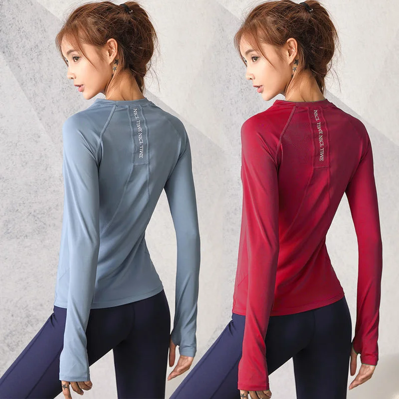 Yoga kırpma üst T-shirt üst kadın boyun bahar yaz uzun kollu spor üst Deportivo Mujer Camisetas