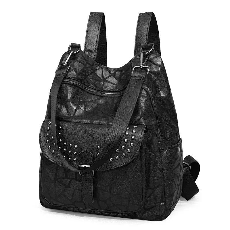

High-end fashion personality all-match leather soft leather Stone pattern dual-use large-capacity travel backpack Retro casual