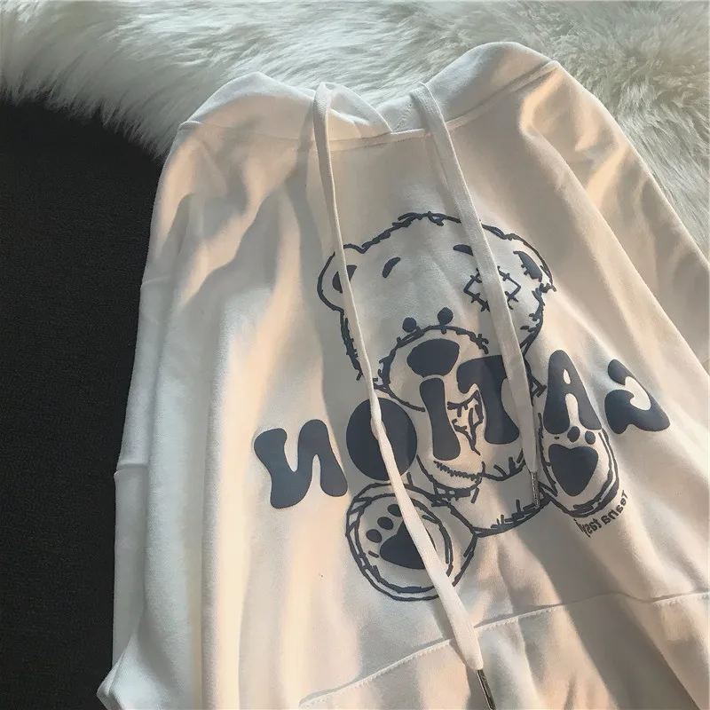 

Cartoon Bears Graphic Hoodies for Women Harajuku Oversized Kawaii Letters Print Sweatshirts Streetwear Warm Thick Pullovers