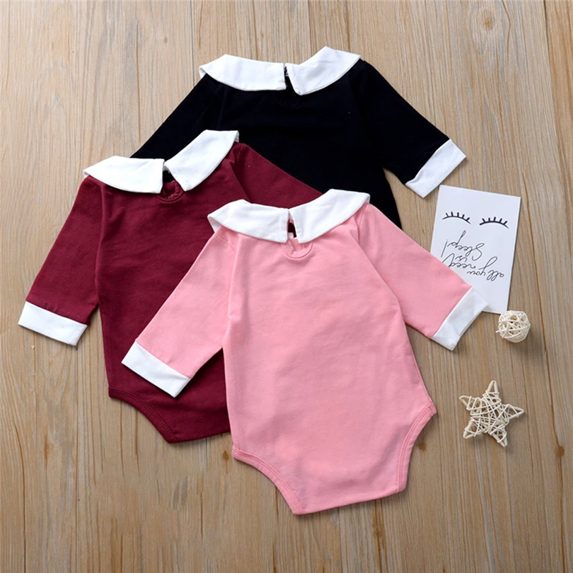 Боди для маленьких девочек с круглым отложным воротником однотонный комбинезон