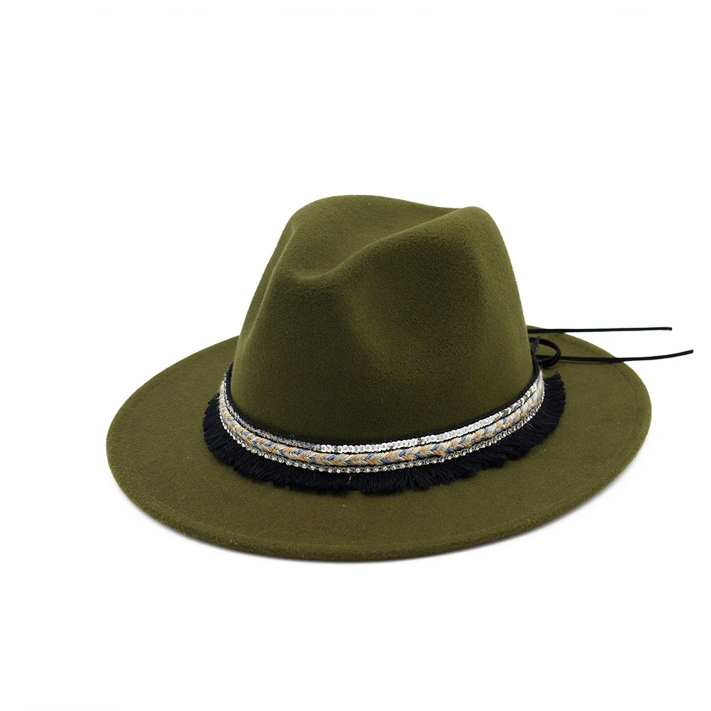 Женская шерстяная фетровая шляпа с кисточками и лентой элегантная Осенняя