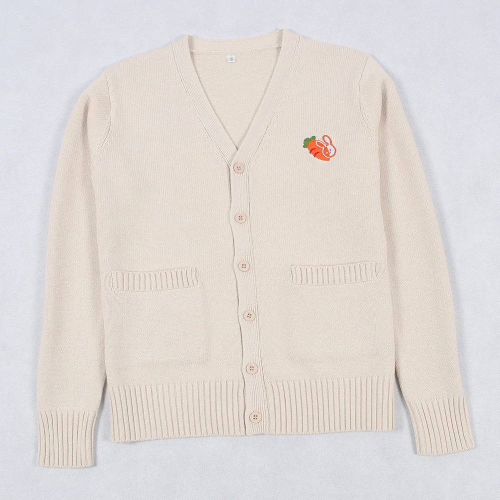 

2021 XS-XL Apricot Knitted School Girl Sweater Embroidery Rabbit Radish Kawaii Japanese School Uniform Cardigan Autumn Winter
