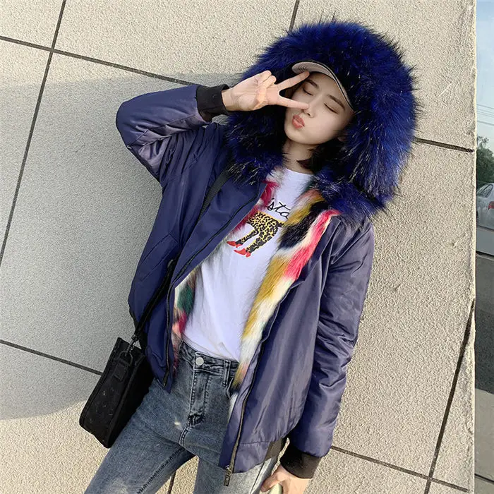 blue Зимнее пальто женское разноцветное большое меховое с капюшоном короткая теплая куртка Верхняя одежда утолщенная военная куртка куртки парка с наполнителем f1730 - Цвет: blue