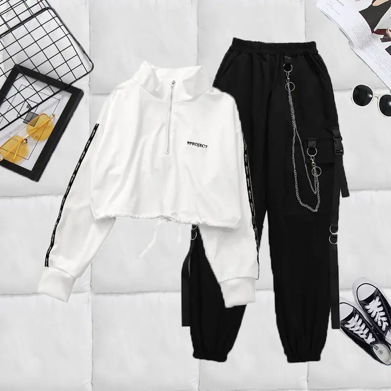 

Women Cargo Streetwear Harajuku Pant Chain Females Two Piece sets Pants Buckle Ribbon Pocket Jogger Elastic High Waist Pants