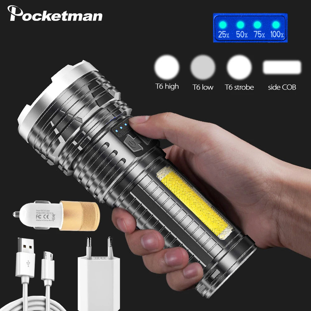 

New Strong Light Flashlight T6+COB Flashlight Torch Outdoor Lighting USB Charging Floodlight With Side Light Power Display Camp